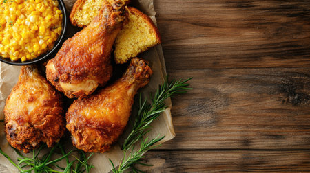 Fried chicken drumsticks with a side of cornbread, placed on a wooden table. Copy space to the left.の素材