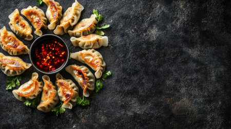 Top view of assorted gyoza dumplings with dipping sauce, arranged in a circular pattern with space for text.の素材