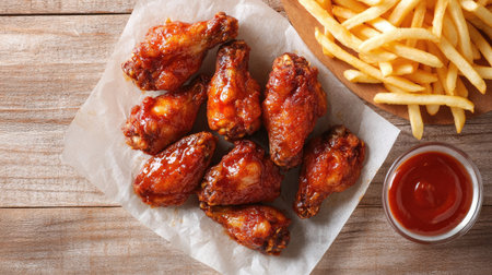 Spicy fried chicken wings with a side of fries, placed on parchment paper. Copy space available on the side.の素材