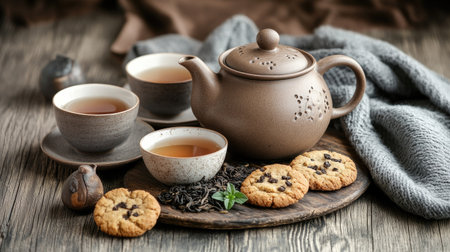 A rustic tea set with a teapot, cups, and loose tea leaves on a wooden table, surrounded by cookies. Ample copy space.の素材