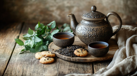 A rustic tea set with a teapot, cups, and loose tea leaves on a wooden table, surrounded by cookies. Ample copy space.の素材