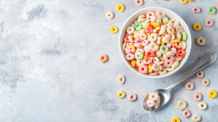 Top view of baby cereal with a spoon and bib, ample space for textの素材