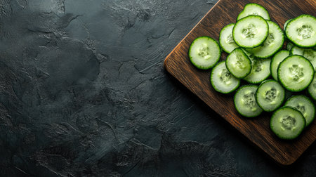 Top view of freshly sliced cucumbers on a dark wooden cutting board, with space for copy.の素材