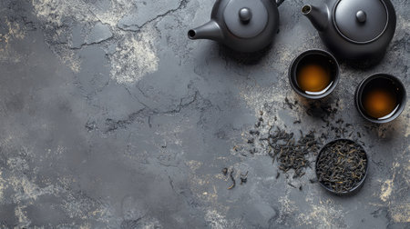 Modern tea set with black teapot and cups on a grey stone surface. Loose tea leaves scattered, with space for text.の素材