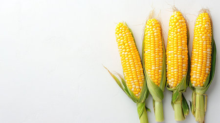 Fresh corn on the cob arranged neatly on a white background with ample space for text.の素材