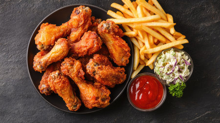 Golden fried chicken wings arranged on a plate with fries and coleslaw, top view. Ample copy space on the right.の素材