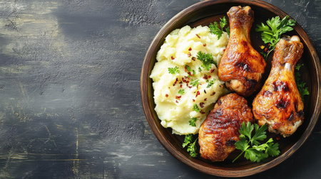Fried chicken drumsticks with a side of mashed potatoes on a rustic plate, viewed from above. Space for text on the left.の素材