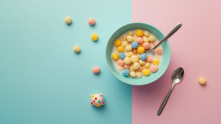 Top view of baby cereal with a spoon and small toy, space for textの素材
