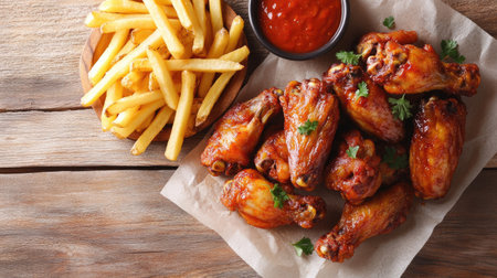 Spicy fried chicken wings with a side of fries, placed on parchment paper. Copy space available on the side.の素材