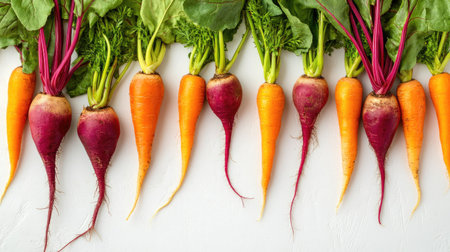 Top view of vibrant carrots and beets arranged neatly on a white background, leaving space for text.の素材