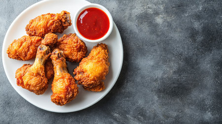 Crispy fried chicken pieces on a white plate with a side of hot sauce. Space for text at the top.の素材