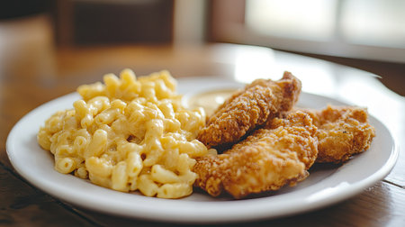 Fried chicken tenders with a side of mac and cheese, placed on a white plate. Copy space around.の素材