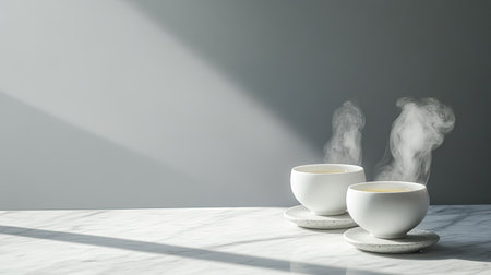 Minimalist white tea set with steam rising from the cups, placed on a marble surface. Copy space on the side.の素材