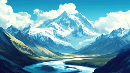 Serene mountain landscape with snow-capped peaks and a winding river. Vibrant colors and ample copy space in the sky."の素材