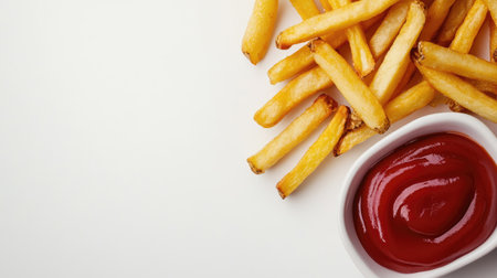 A close-up of crispy French fries with ketchup and mustard on the side, placed on a white background. Ample copy space.の素材