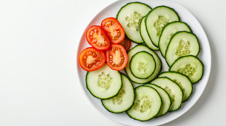 Freshly sliced cucumbers and tomatoes arranged in a circular pattern on a white plate with ample copy space.の素材