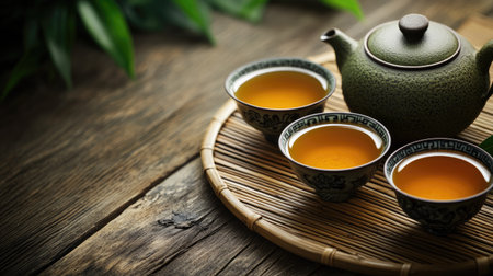 Traditional Chinese tea set with teacups, teapot, and bamboo mat on a dark wooden table, with copy space on one side.の素材