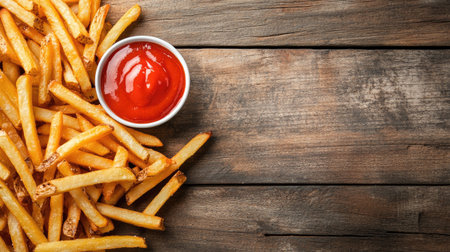 Crispy French fries scattered on a rustic wooden table with a dipping sauce in the corner. Copy space on the left.の素材