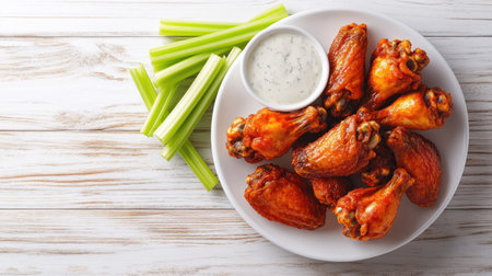Spicy fried chicken wings on a white plate with celery sticks and dipping sauce, top view. Copy space around.の素材