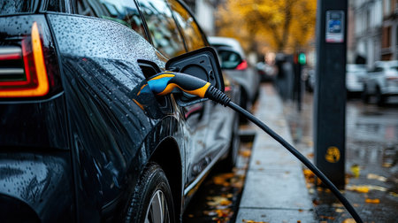 Electric car charging at a station, representing sustainability in transportation. Ample room for copy.の素材