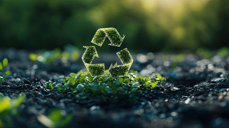 A small green plant growing inside a recycling symbol made of leaves, representing eco-friendly choices. Copy space.の素材
