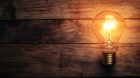 Eco-friendly lightbulb on a wooden table, symbolizing sustainable energy. Ample room for copy.の素材