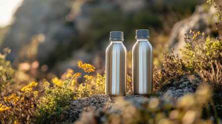 Reusable water bottles on a natural background, symbolizing eco-friendly and sustainable habits.の素材