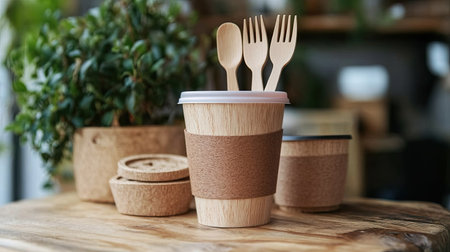 Compostable coffee cups and biodegradable utensils, promoting eco-friendly alternatives to single-use plastics.の素材