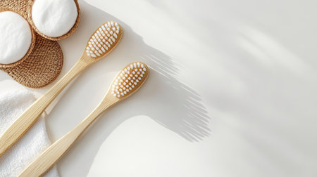 Bamboo toothbrushes and cotton pads on a white surface, promoting eco-friendly personal care products. Copy space.の素材