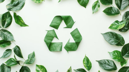 Top view of a recycling symbol made from green leaves on a clean white background. Sustainability concept, copy space.の素材