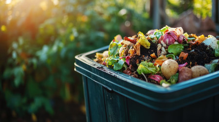 Compost bin with food scraps, emphasizing eco-friendly waste management. Ample room for text.の素材