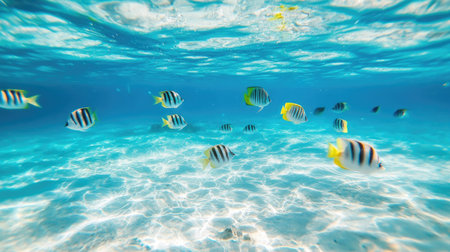 Clear blue ocean water with fish swimming, symbolizing the sustainability of marine life. Copy space.の素材