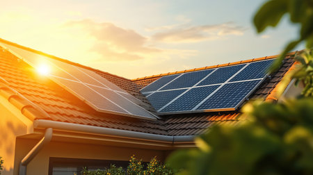 Solar panel installation on a house rooftop in a green suburb, emphasizing sustainable living.の素材