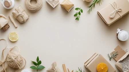 Eco-friendly packaging made from recycled materials, laid out on a neutral background. Copy space for text.の素材