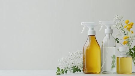 Set of eco-friendly cleaning products in glass bottles, placed on a white background. Copy space for text.の素材