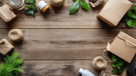 Close-up of biodegradable packaging on a wooden table, highlighting eco-friendly product choicesの素材