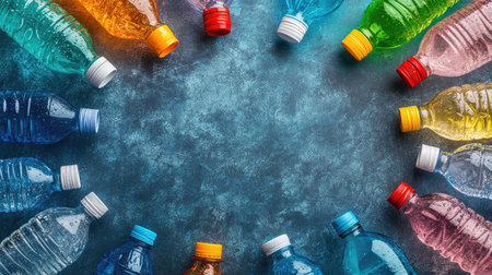 Top view of reusable water bottles arranged in a circle, emphasizing sustainability. Ample room for text.の素材