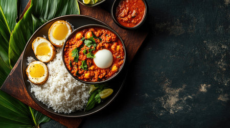 Sri Lankan breakfast: pol sambol with hoppers and a side of curry. Top view with ample space for text.の素材