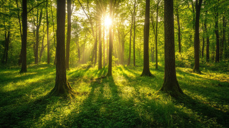 Lush green forest with sunlight streaming through the trees, symbolizing eco-friendly practices. Copy spaceの素材