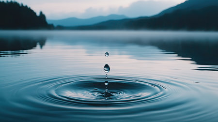 A drop of water falling into a calm lake, symbolizing sustainability and water conservation. Copy space.の素材