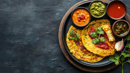South Indian breakfast featuring vegetable uttapam with sambar and chutneys. Top view with space for copy.の素材