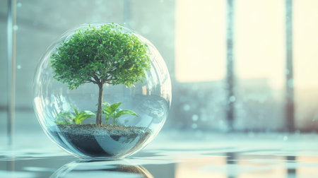 Small tree growing inside a clear glass globe, representing sustainability and environmental care.の素材