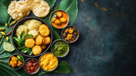 South Indian breakfast of pongal, vada, and a variety of chutneys. Top view with space for text.の素材