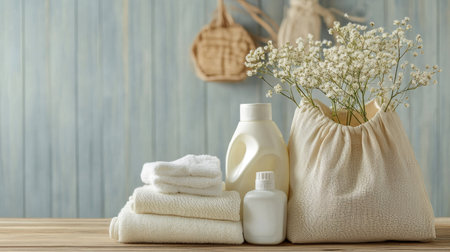 Eco-friendly laundry setup with biodegradable detergent and fabric bags, promoting sustainability. Copy space.の素材