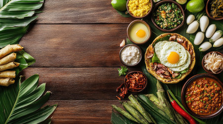 Sri Lankan breakfast spread: egg hoppers, fish curry, and fresh vegetables. Top view with ample space for copy.の素材