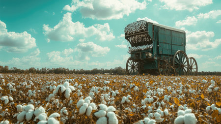 South Asian cotton gin in a field of cotton with copy space. No peopleの素材