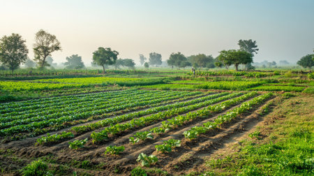 South Asian irrigation system in a vegetable farm, no people, with copy spaceの素材