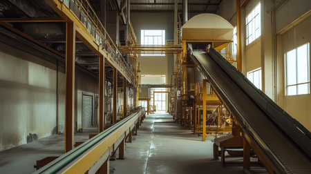 A rice milling plant with conveyor belts, no people, and ample room for textの素材
