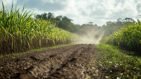 A field of sugarcane being processed, no people, with copy spaceの素材
