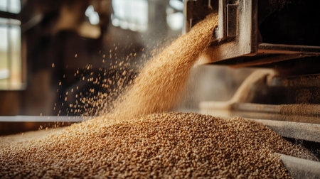 A flour mill grains processed, no people, and copy spaceの素材